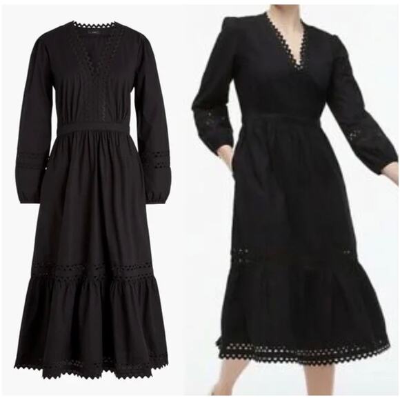 J.Crew Long Sleeve Eyelet-Trim Tiered Midi Dress Cotton Poplin Size SV-Neck Boho - Picture 1 of 15
